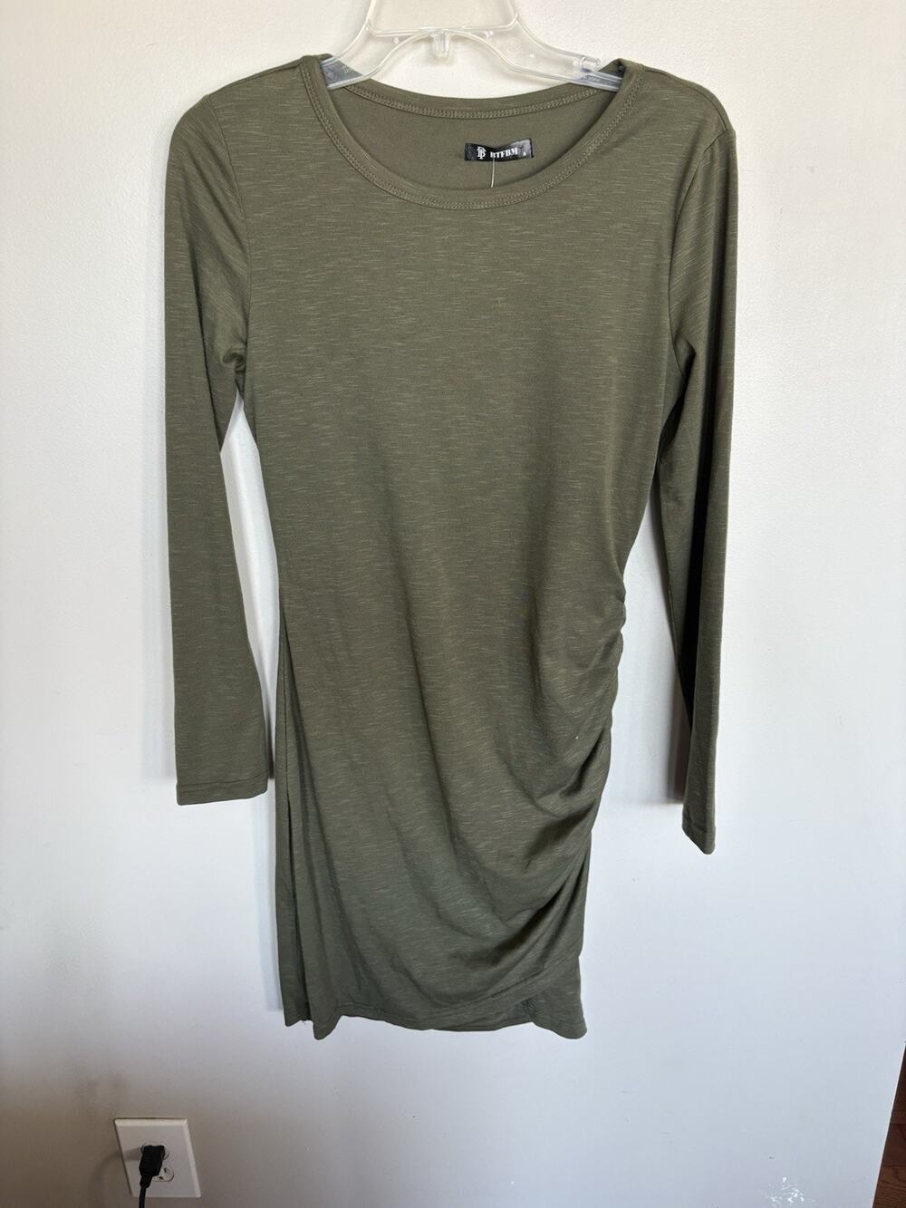 BTFBM Olive Green Ruched Bodycon Dress | Long Sleeve | Side Draped | Size S